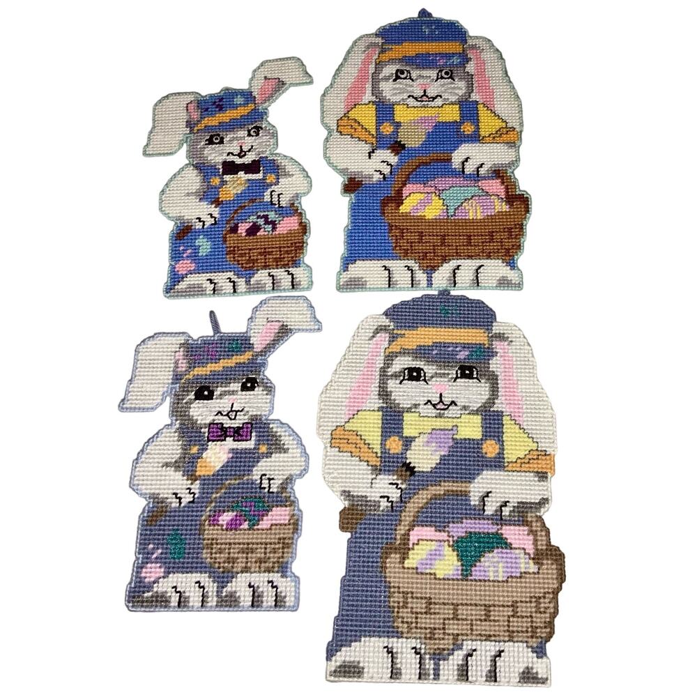 Vintage Easter Needlepoint Easter bunny and basket wall hanging lot cottage core